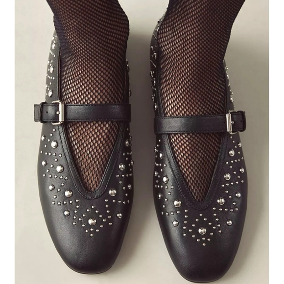 NWT Anthropologie Bibi Lou Studded Mary Jane Flats Black Size 39 EU 8/8.5 US. - Picture 2 of 9